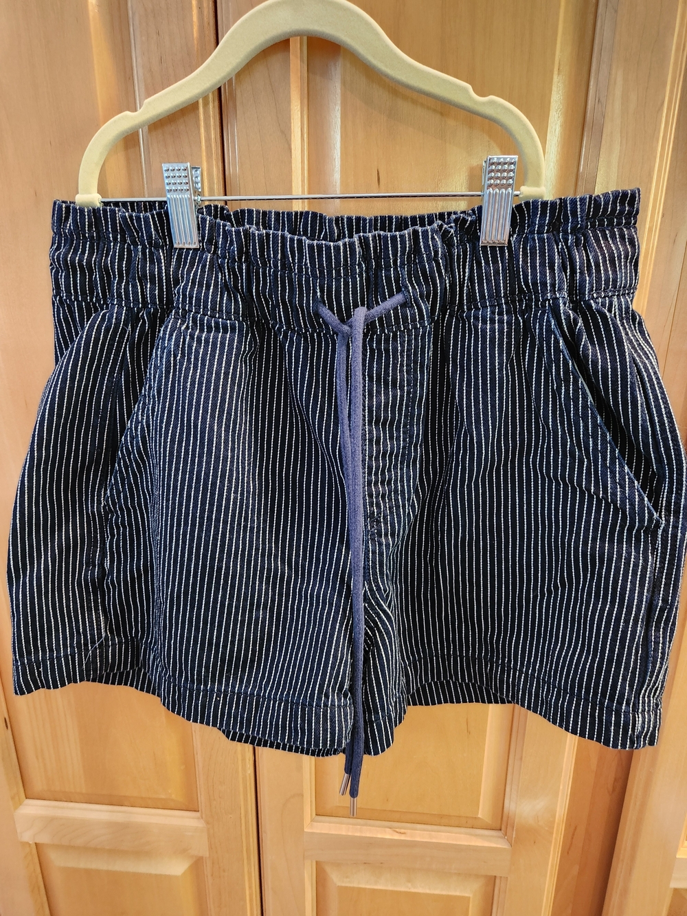 LOFT Navy and White Pinstripe High-Waist Drawstring Shorts